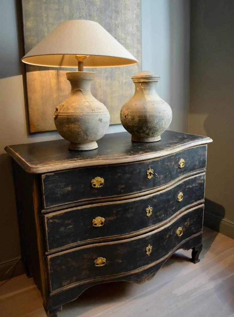 Hand-Carved Swedish Rococo Period Black Serpentine Commode with Gilded Hardware and Date