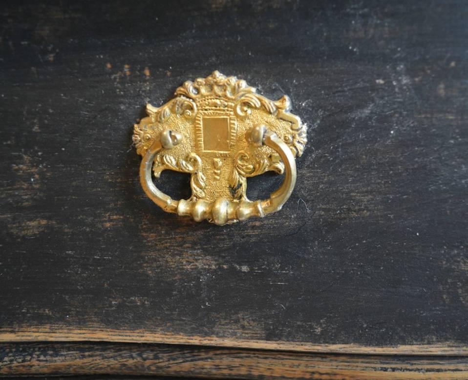 Brass Swedish Rococo Period Black Serpentine Commode with Gilded Hardware and Date