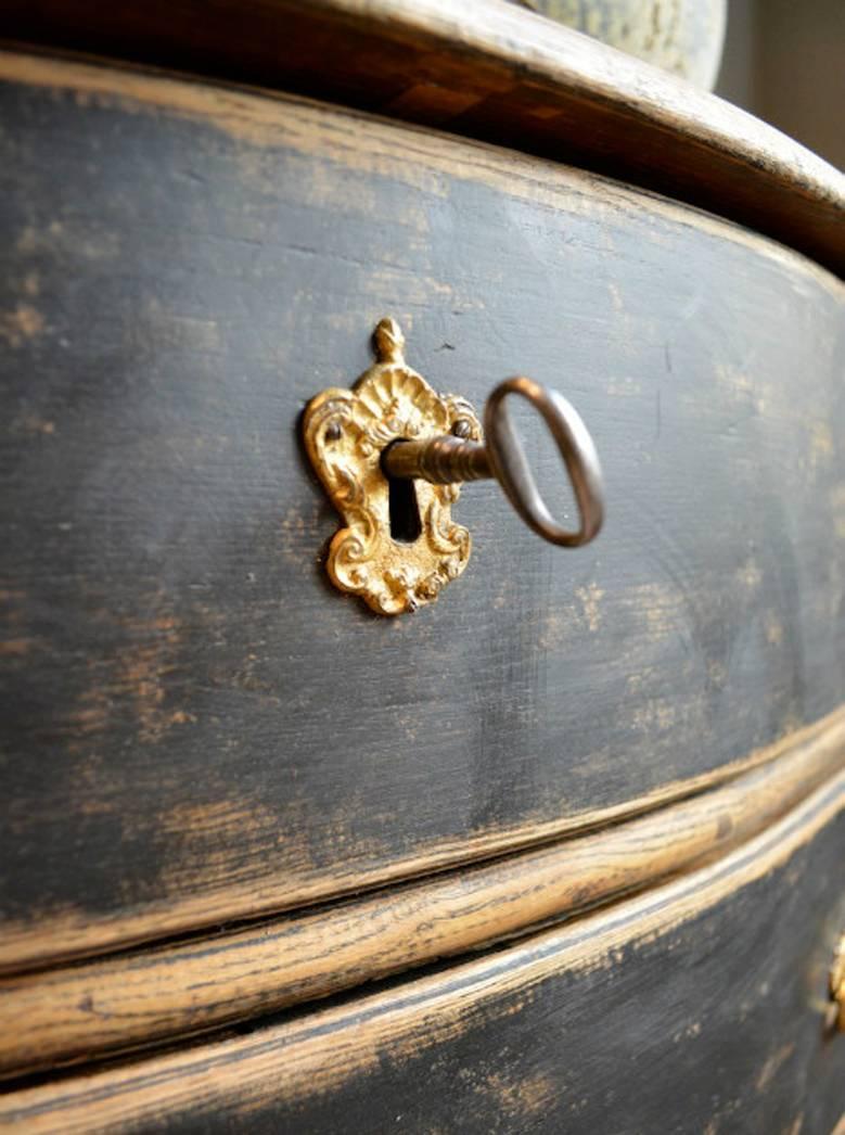 18th Century and Earlier Swedish Rococo Period Black Serpentine Commode with Gilded Hardware and Date
