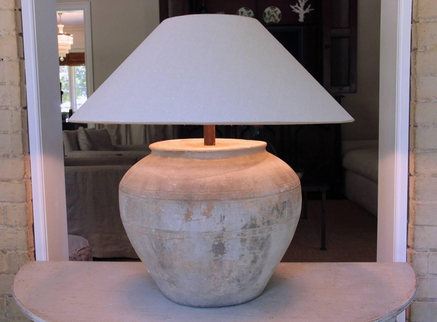 Chinese Han Dynasty Large Unglazed Belly Vase as Table Lamp In Excellent Condition In Wichita, KS