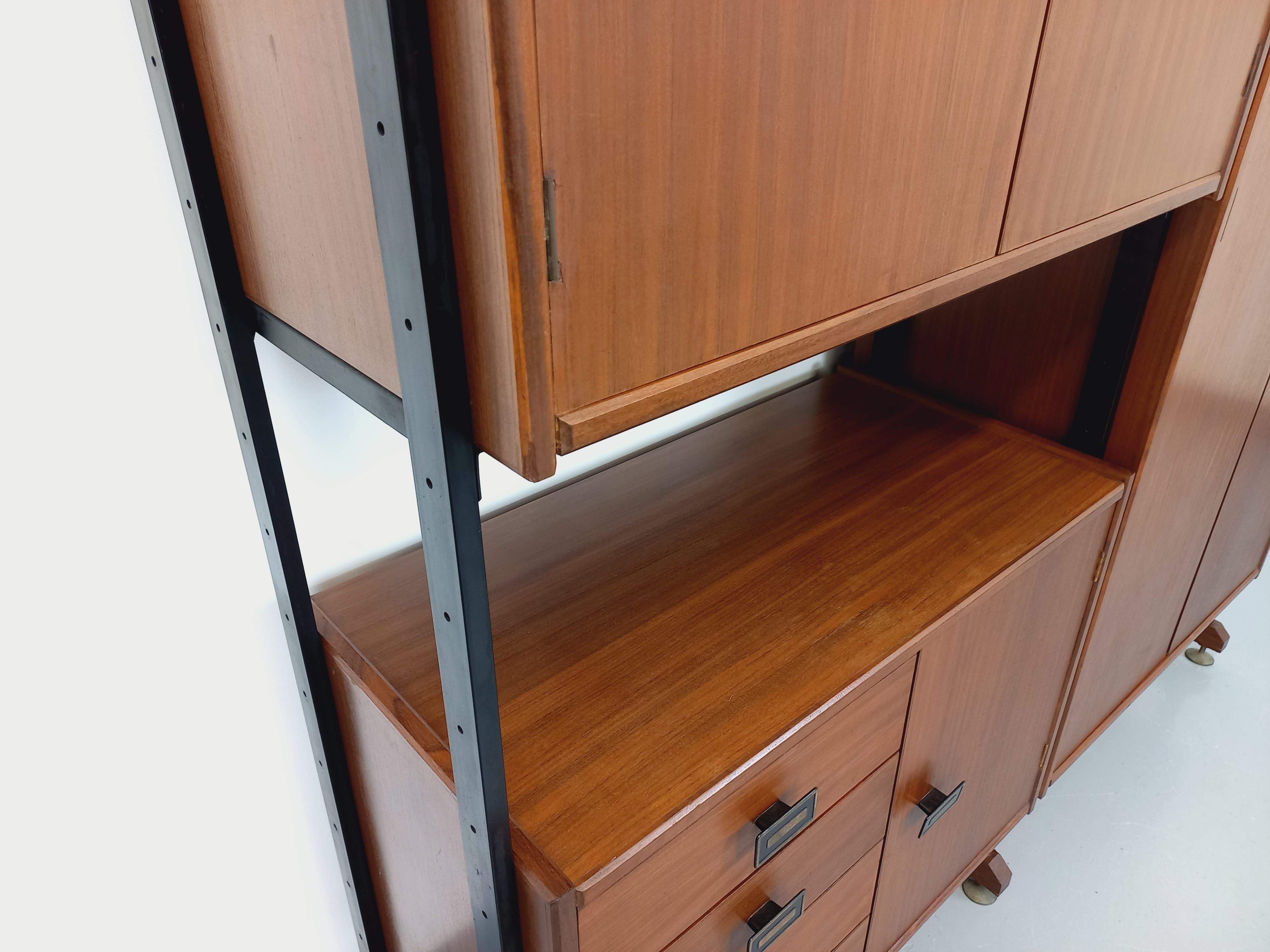 Bibliothèque étagère italienne double modulable vintage en teck et métal Metal en venta
