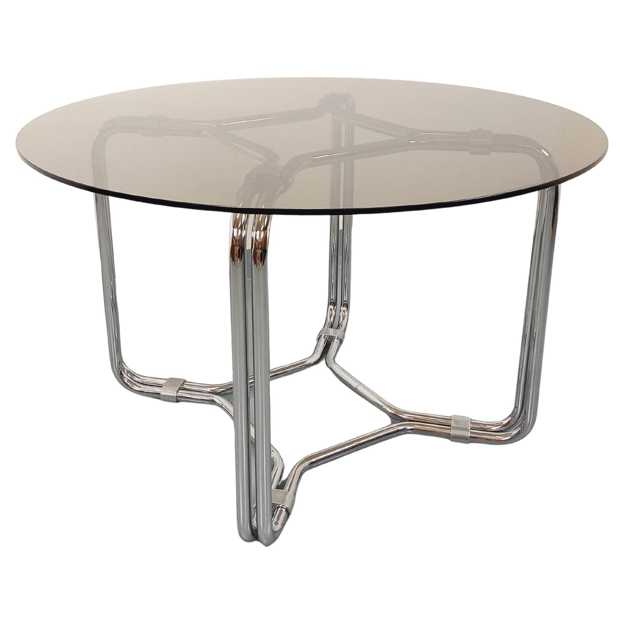 Table ronde de repas vintage en verre fumé et métal chromé style A Space en vente