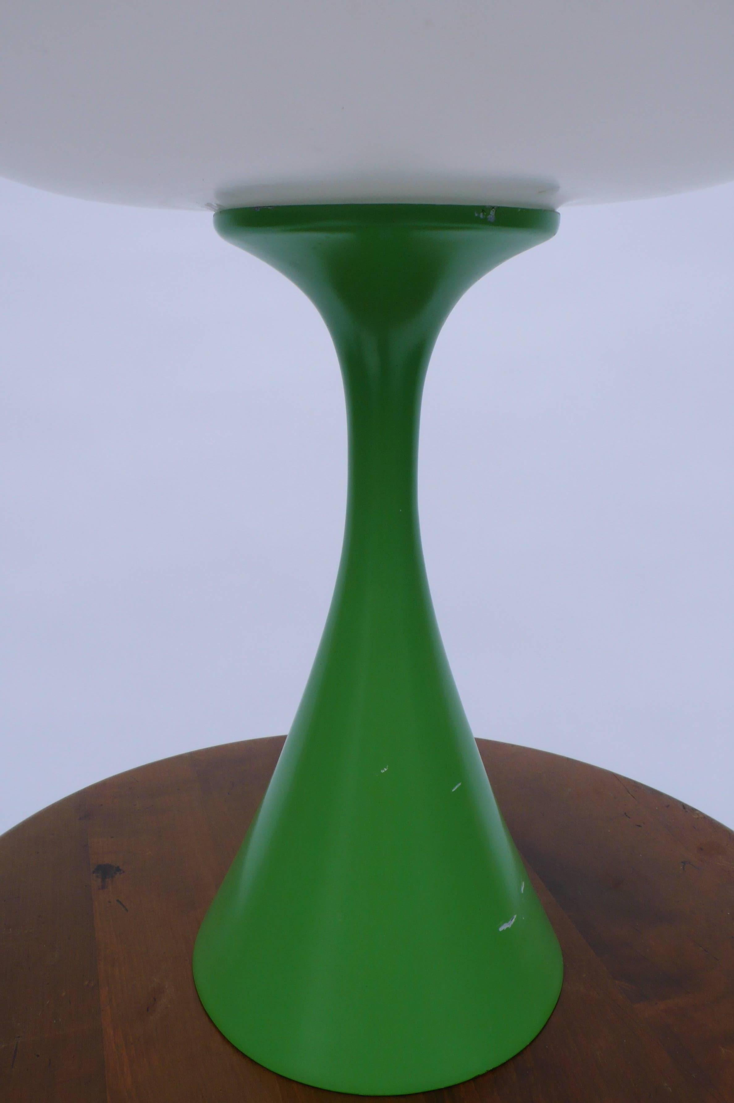 1960s table lamp by Laurel. Original green enamel metal base with a glass shade.