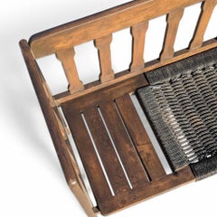Mid-Century Wood Bench with Black Woven Strap Seat
