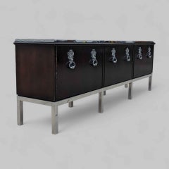 1970s Hollywood Regency Black Wood and Chrome Credenza