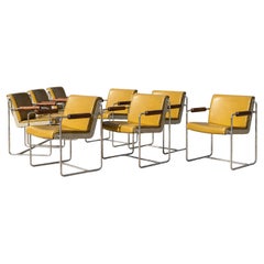 Set of Eight Krueger AFKA Mustard Vinyl, Walnut and Chrome Armchairs, c. 1969