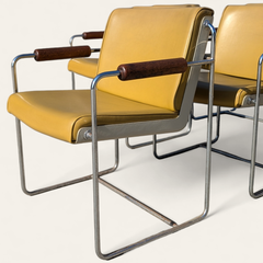 Set of Eight Krueger AFKA Mustard Vinyl, Walnut and Chrome Armchairs, c. 1969