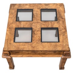 Vintage End Table, Square, Burl Wood, Smoked Glass, Solid Wood, Mid Century, 70s