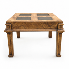Vintage End Table, Square, Burl Wood, Smoked Glass, Solid Wood, Mid Century, 70s