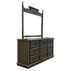 1970s Spanish Revival Carved Wood Nine-Drawer Lowboy Dresser in Olive Green