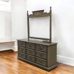 1970s Spanish Revival Carved Wood Nine-Drawer Lowboy Dresser in Olive Green