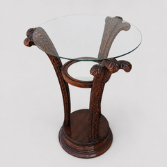 Antique Art Nouveau Carved Wood and Glass Side Table, Ornate Accent Piece