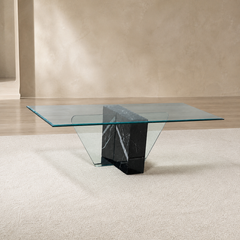 Postmodern Glass Coffee Table, Marble, Geometric, Unique, Rectangular Top