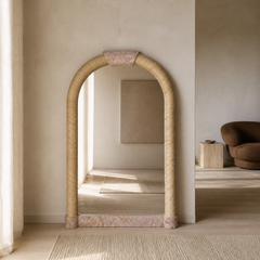Arch Mirror, In the Style of Karl Springer, Tessellated Stone & Rattan, c. 1980s