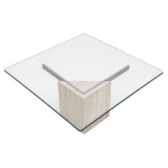 Postmodern Glass Coffee Table, Travertine Base, Square, Artedi, Italian c. 1970s