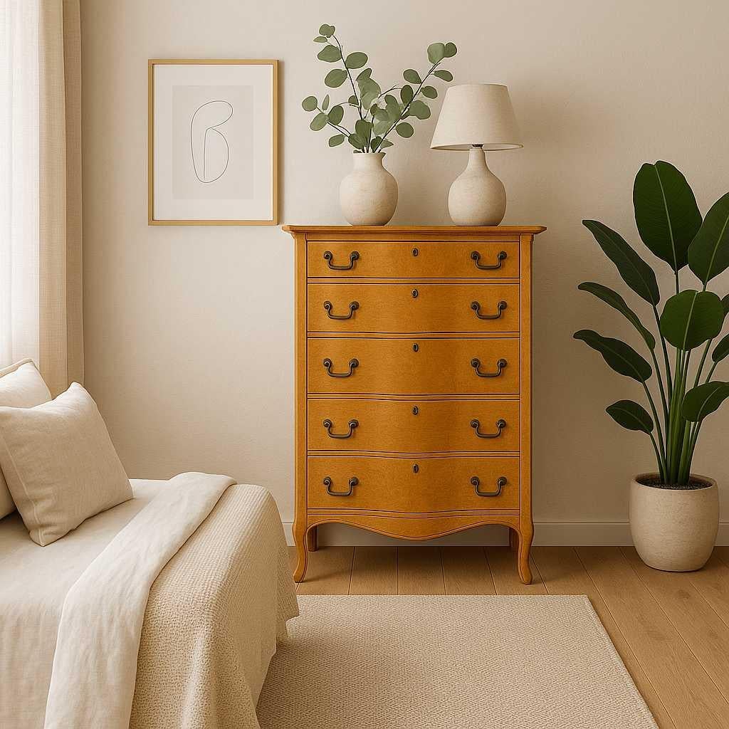Une commode distinctive dans la tradition américaine antique, fabriquée en érable piqué rare et présentant une façade joliment incurvée avec des ferrures en laiton ornées. Cette pièce allie une forme classique à des détails en grain de bois, ce qui