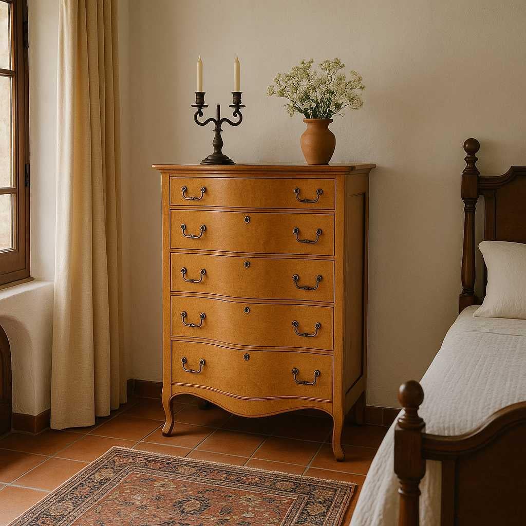 Commode ancienne en érable moucheté, façade incurvée,  Finition chaude, A.I.C., c. 1900s en vente 1