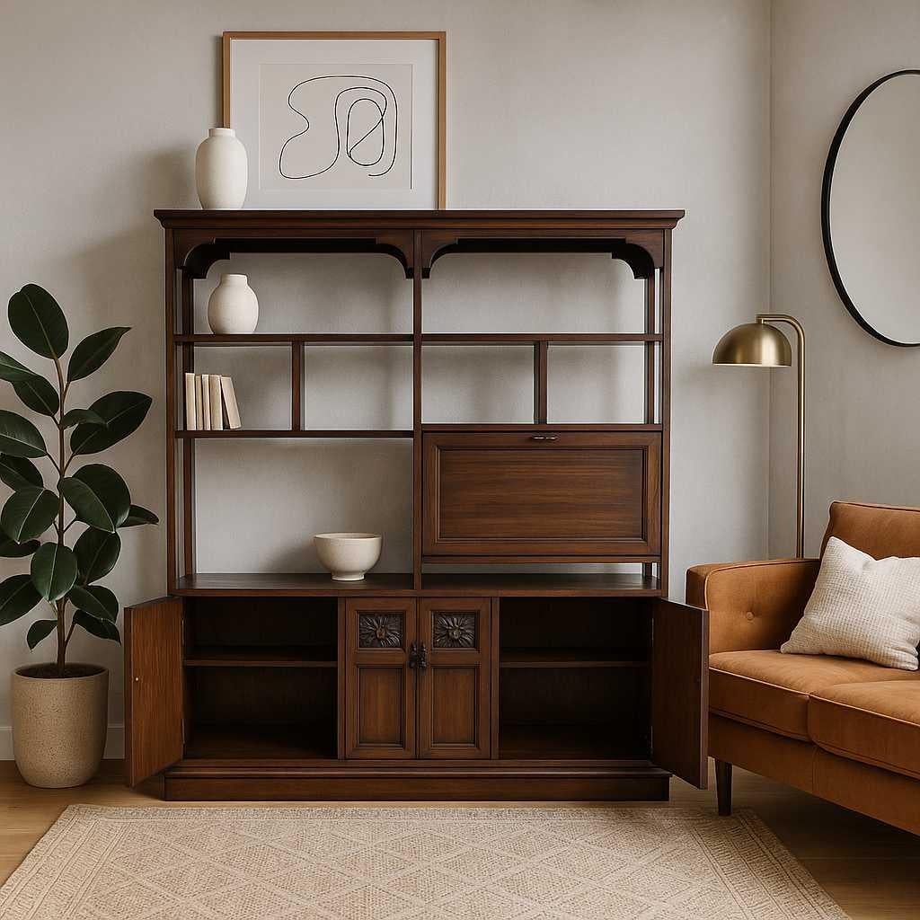 Un meuble de rangement et d'exposition de tradition vintage, fabriqué en bois massif et doté d'un design à double fonction, avec des rangements ouverts et fermés. Cette pièce allie l'élégance à l'utilité - idéale comme séparateur de pièce, étagère
