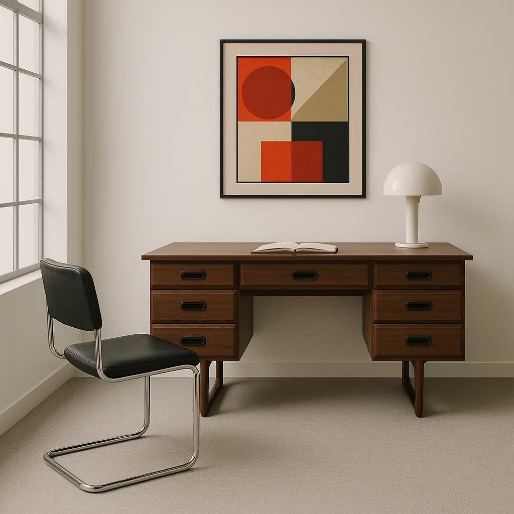 Una scrivania distintiva nella tradizione del Mid-Century Modern, realizzata con un piano in laminato resistente e una ricca base in legno. Con le sue linee pulite, i sei cassetti spaziosi e lo stile minimalista, questa scrivania retrò unisce un
