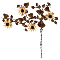 Vintage Italian Gilt Tole Sunflower Wall Sconce, 48.5 in