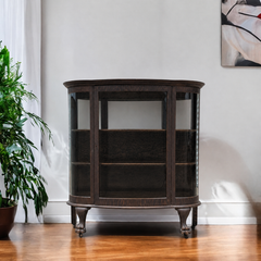 Antique Oak Curved Glass China Cabinet with Claw Feet, Early 20th Century