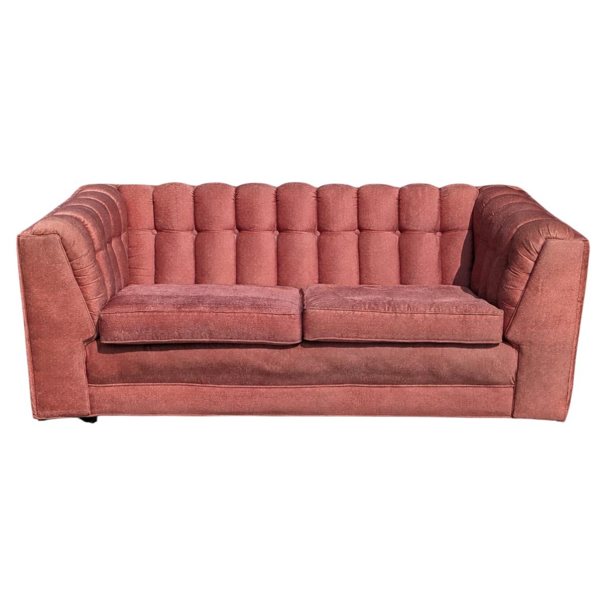 1980s Postmodern Rose Pink Grid-Tufted Loveseat, 67 in For Sale