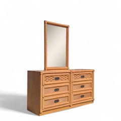 Vintage Dixie Rattan and Wood Dresser with Mirror, Six-Drawer Coastal Style