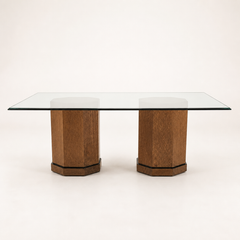 Postmodern Bernhardt Glass Dining Table with Birdseye Maple Pedestal Bases 1980s