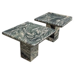 Pair of 1980s Postmodern Green Figured Marble Side Tables