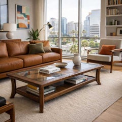 Late 20th-Century Oak and Smoked Glass Coffee Table with Parquetry Shelf