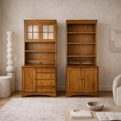 Pair of Cottage-Style Oak Hutches with Textured Glass Doors