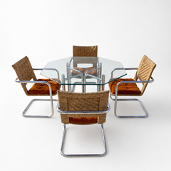 Vintage Chromcraft Chrome and Cane Dining Set with Glass Table