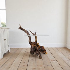 Vintage Sculptural Driftwood Side Table with Oval Acrylic Top