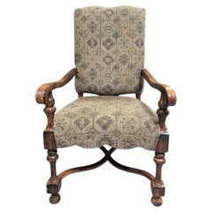 Louis XIII-Style High-Back Wood Armchair with Tapestry Upholstery