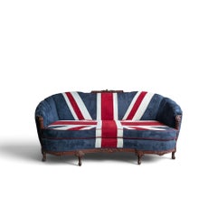 Vintage Union Jack Upholstered Sofa with Ornate Carved Wood Frame