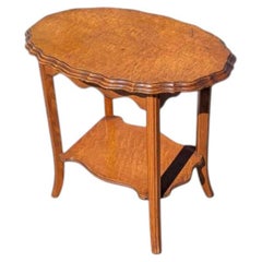 Vintage Oval Wood Side Table with Scalloped Edge and Lower Shelf