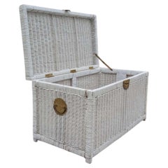 Vintage White Wicker Storage Trunk with Brass Hardware