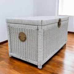 Vintage White Wicker Storage Trunk with Brass Hardware