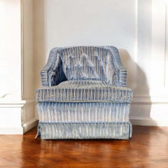 Vintage Blue Striped Velvet Swivel Lounge Chair, Late 20th Century