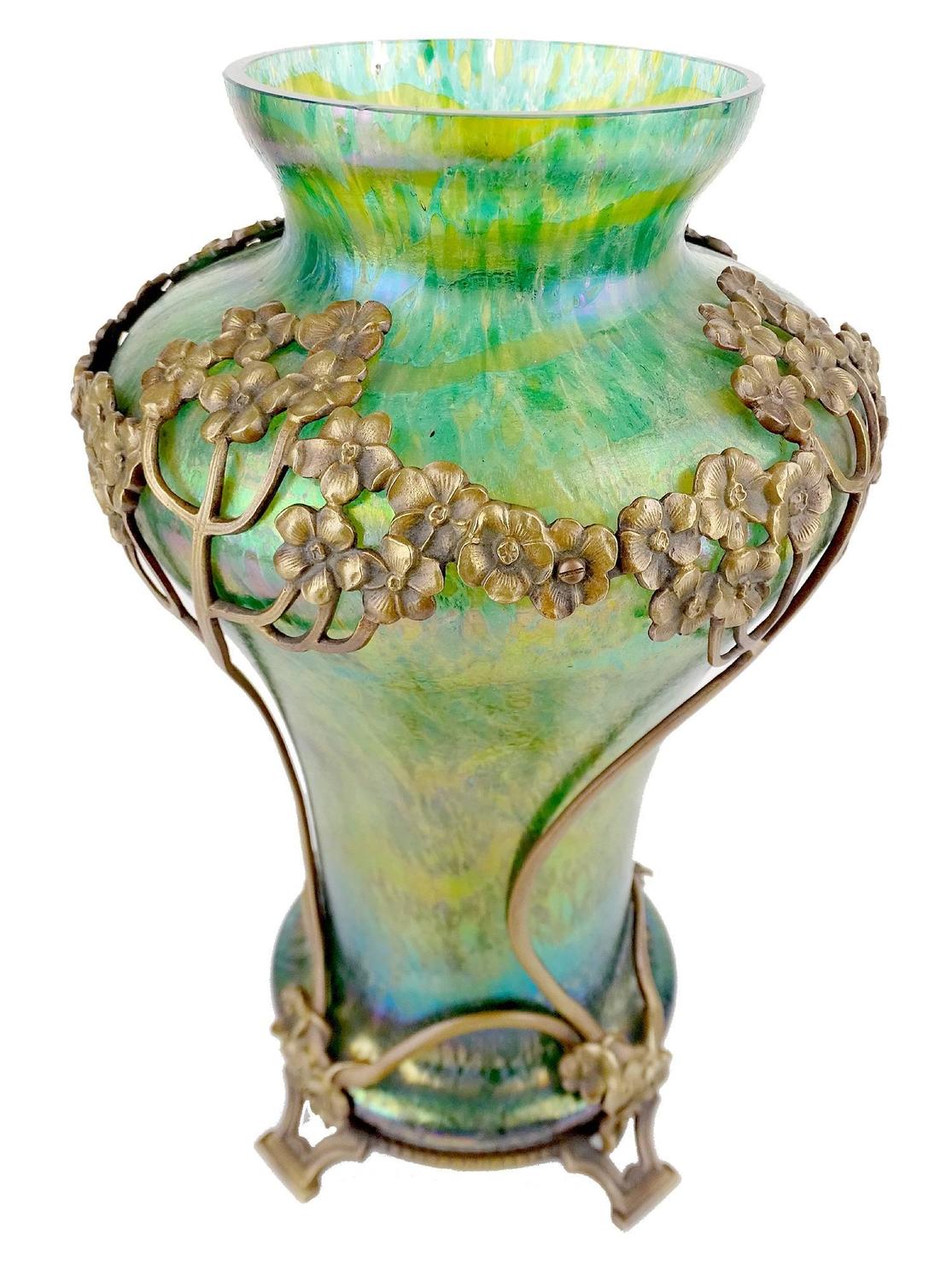 Art Nouveau Kralik Iridescent Glass Vase with Flower Bronze Overlay For