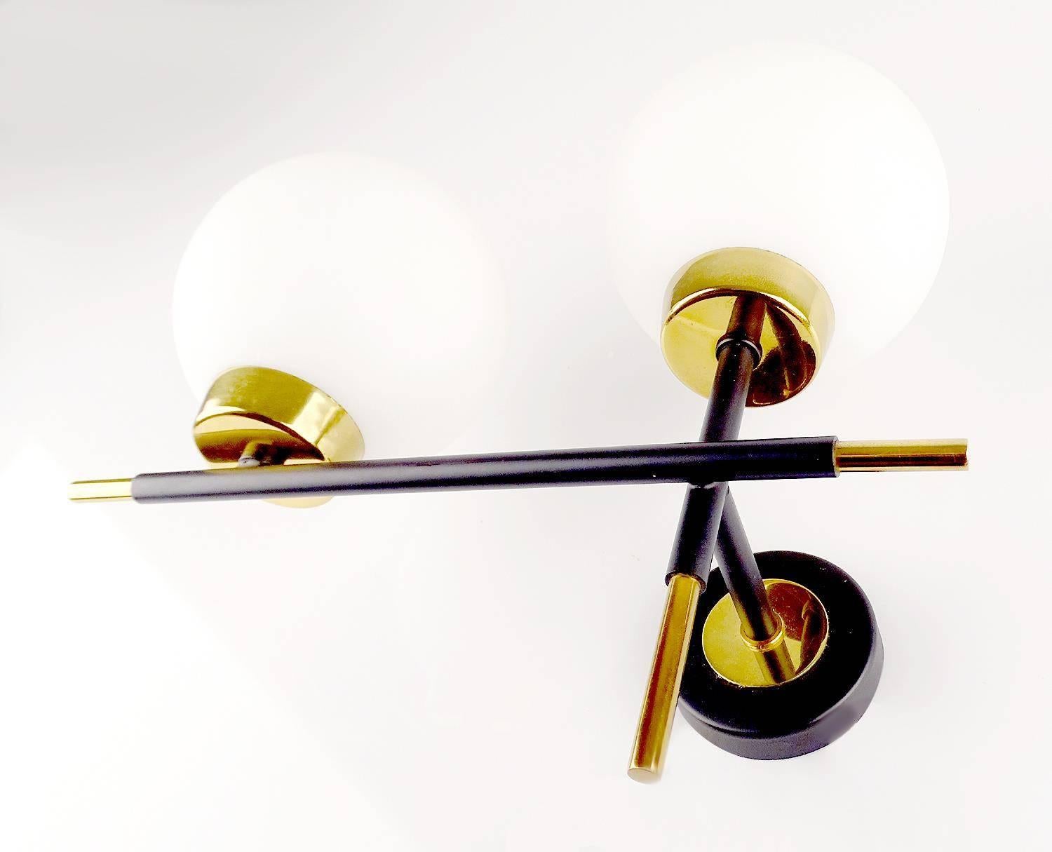 Pair Stilnovo Glass Sconces Brass Wall Fixtures Modernist Italian Design 4