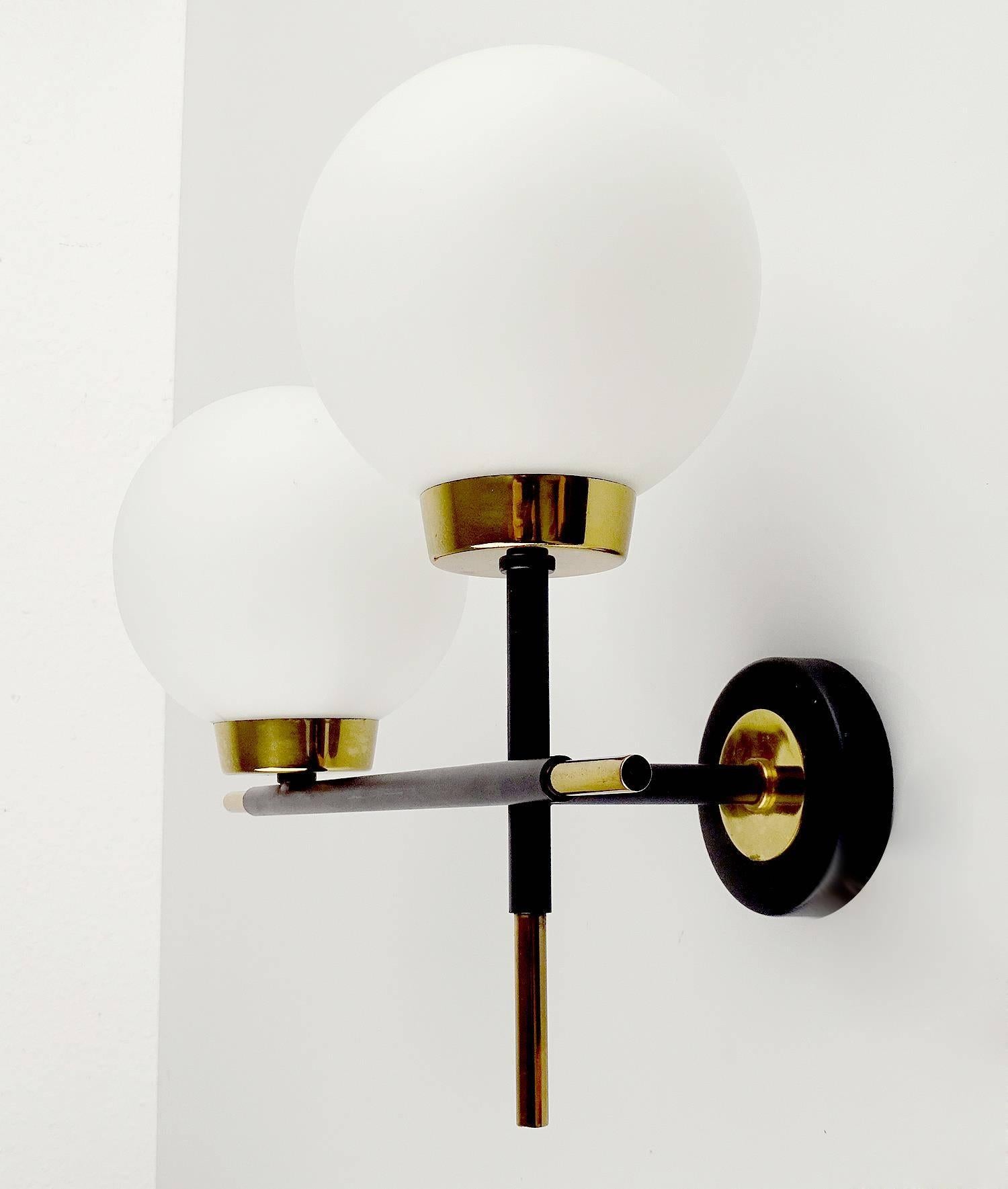 Pair Stilnovo Glass Sconces Brass Wall Fixtures Modernist Italian Design 1