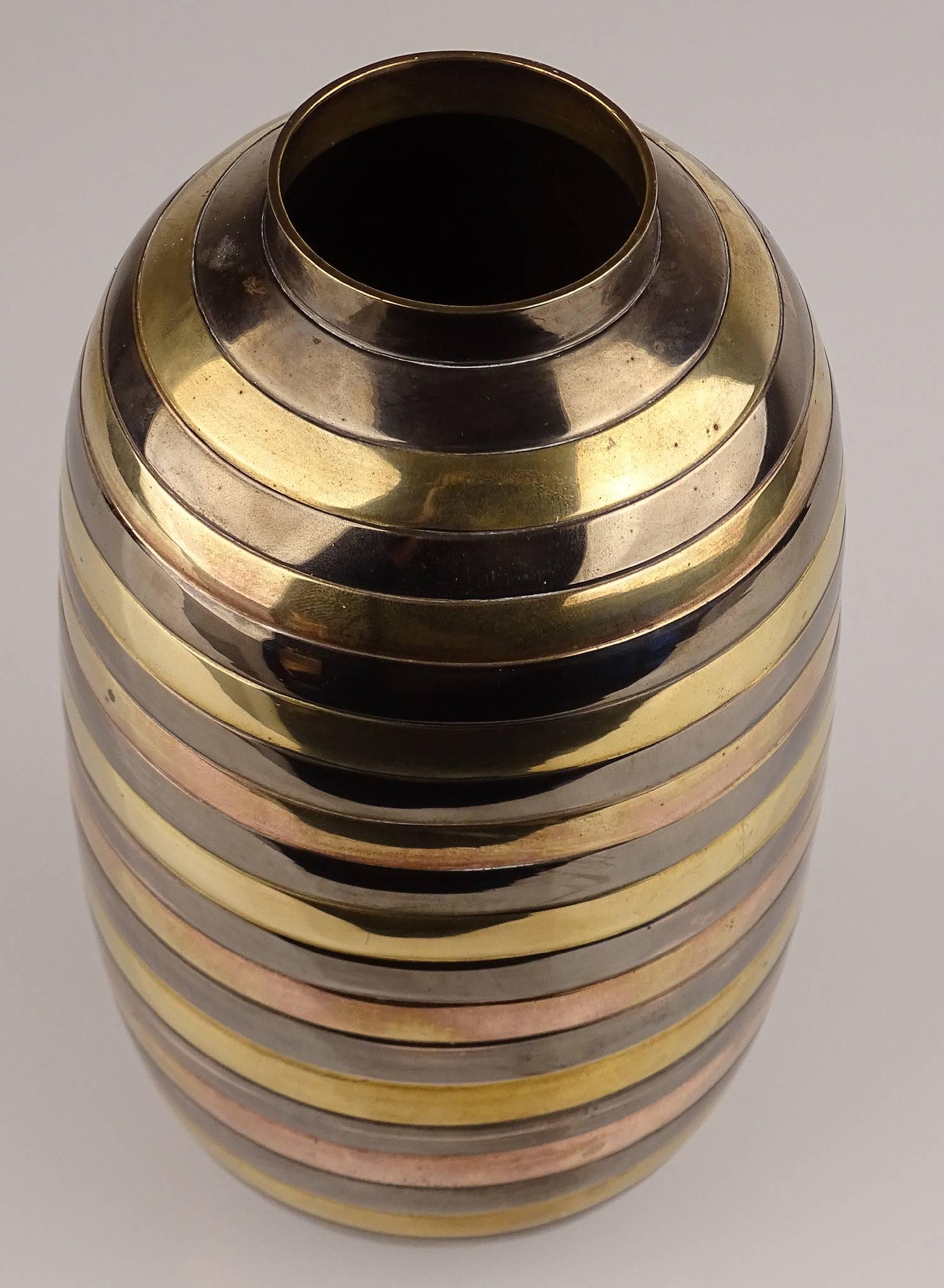 Art Deco Style Solid Brass Vase with Copper and Bronze Accents 1