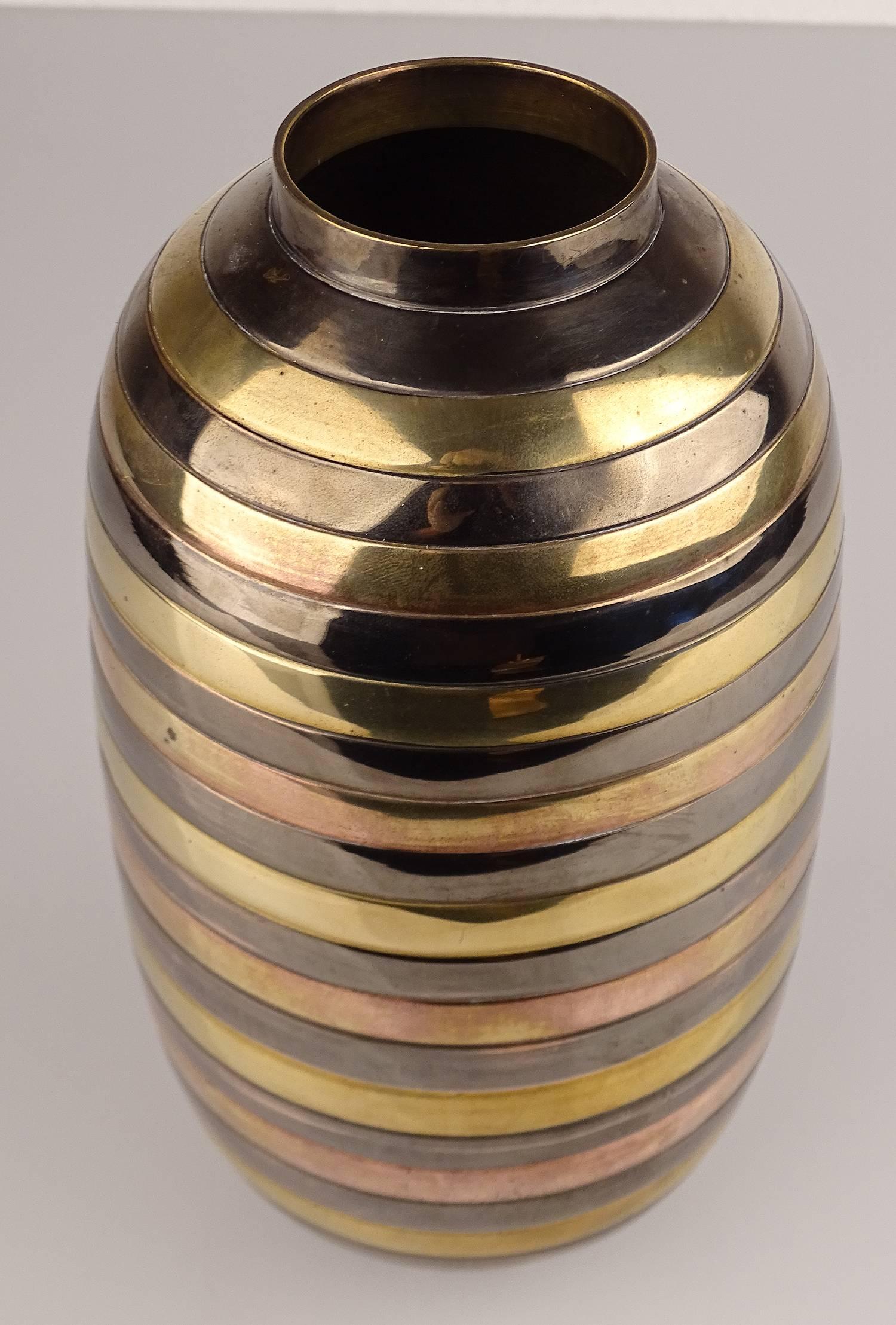 Mid-20th Century Art Deco Style Solid Brass Vase with Copper and Bronze Accents