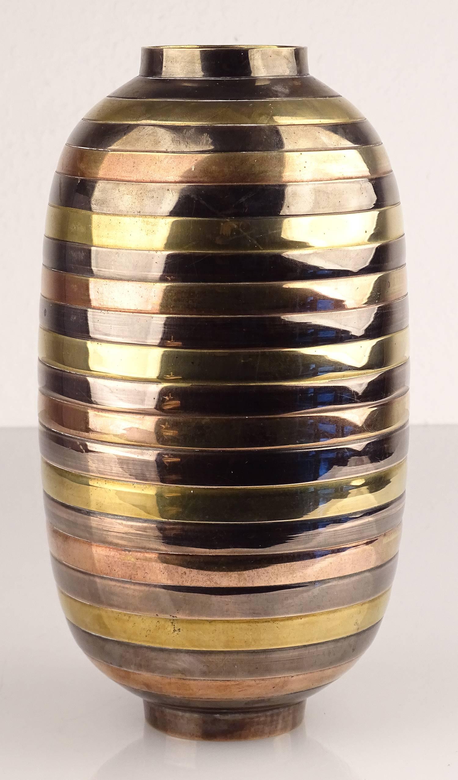 Art Deco Style Solid Brass Vase with Copper and Bronze Accents In Good Condition In Bremen, DE