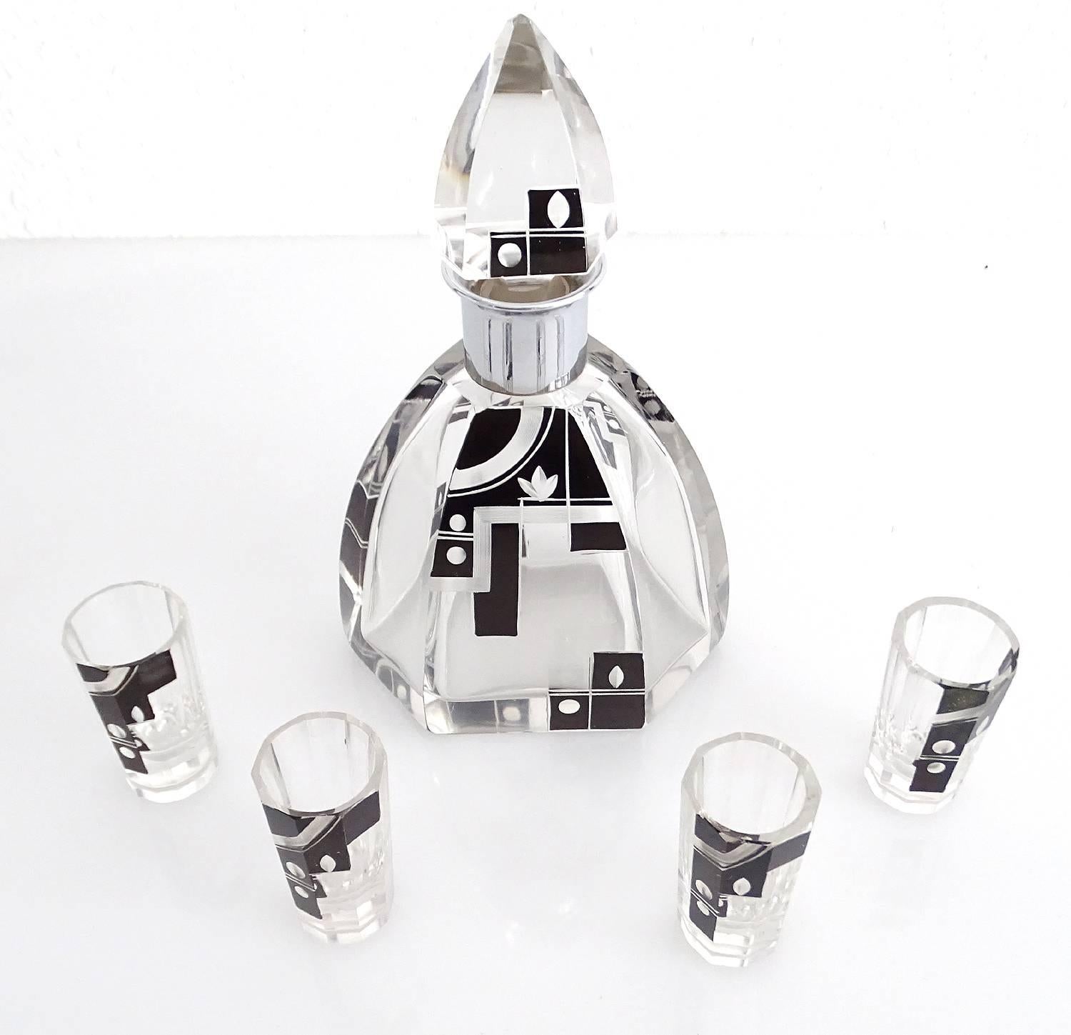 Czech Art Deco Modernist Karl Palda Bohemian Crystal Decanter Glass Set
