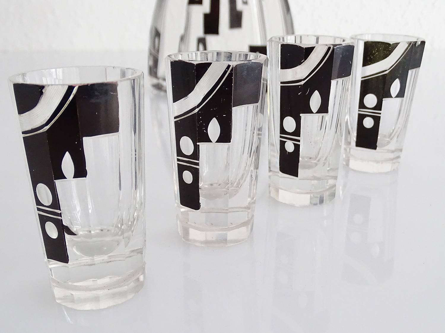 Mid-20th Century Art Deco Modernist Karl Palda Bohemian Crystal Decanter Glass Set