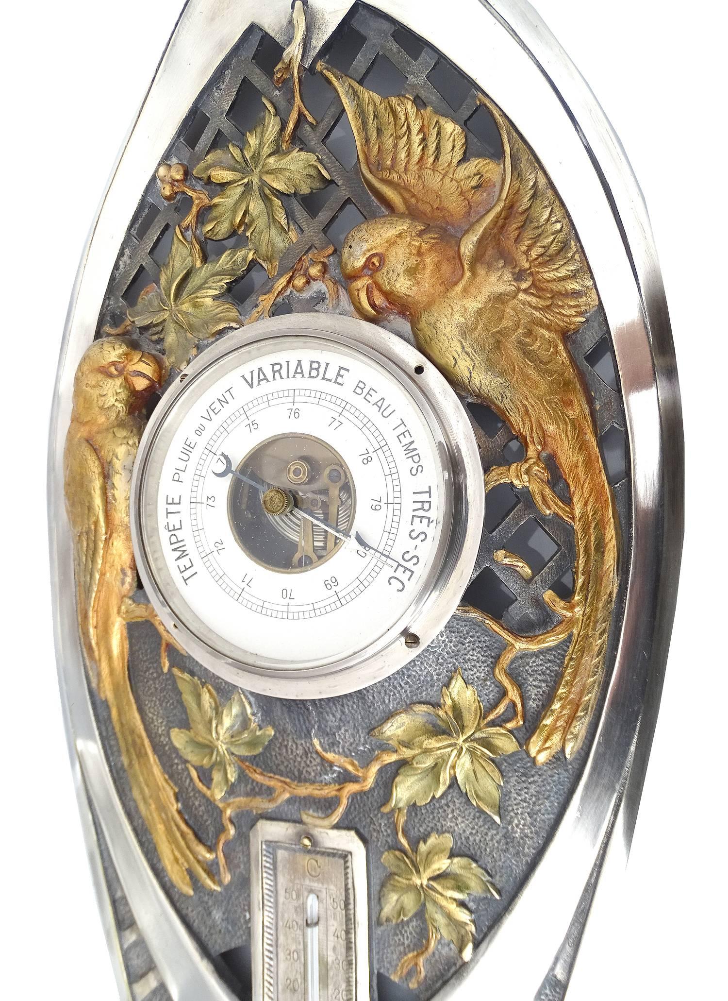 Mid-20th Century Large French Art Deco Barometer with Gold Conure Parakeet  Bird  Silver Plated  