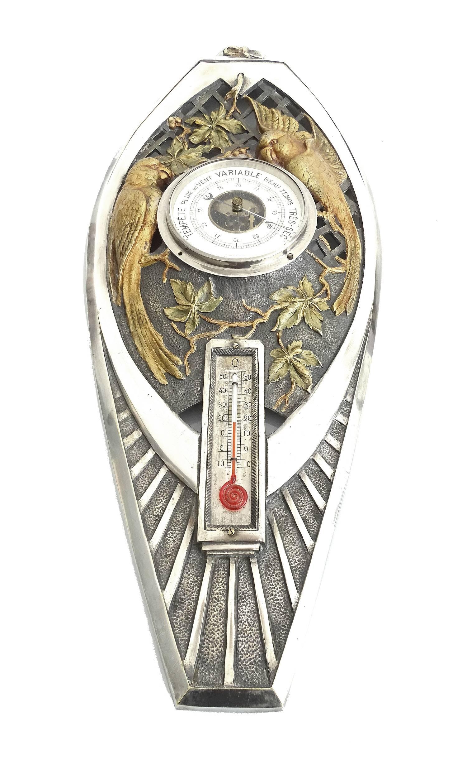 Large French Art Deco Barometer with Gold Conure Parakeet  Bird  Silver Plated   3