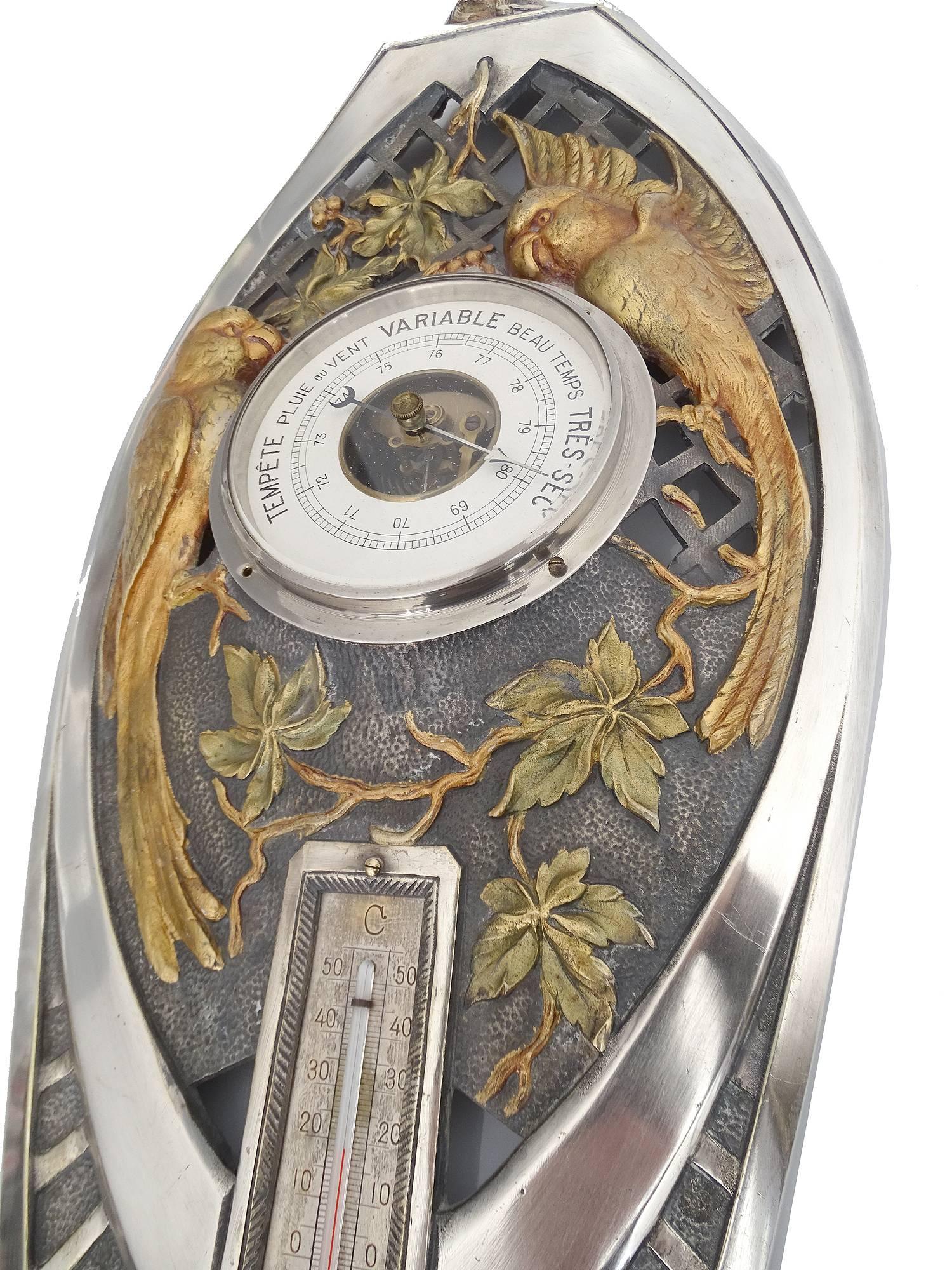 Large French Art Deco Barometer with Gold Conure Parakeet  Bird  Silver Plated   4